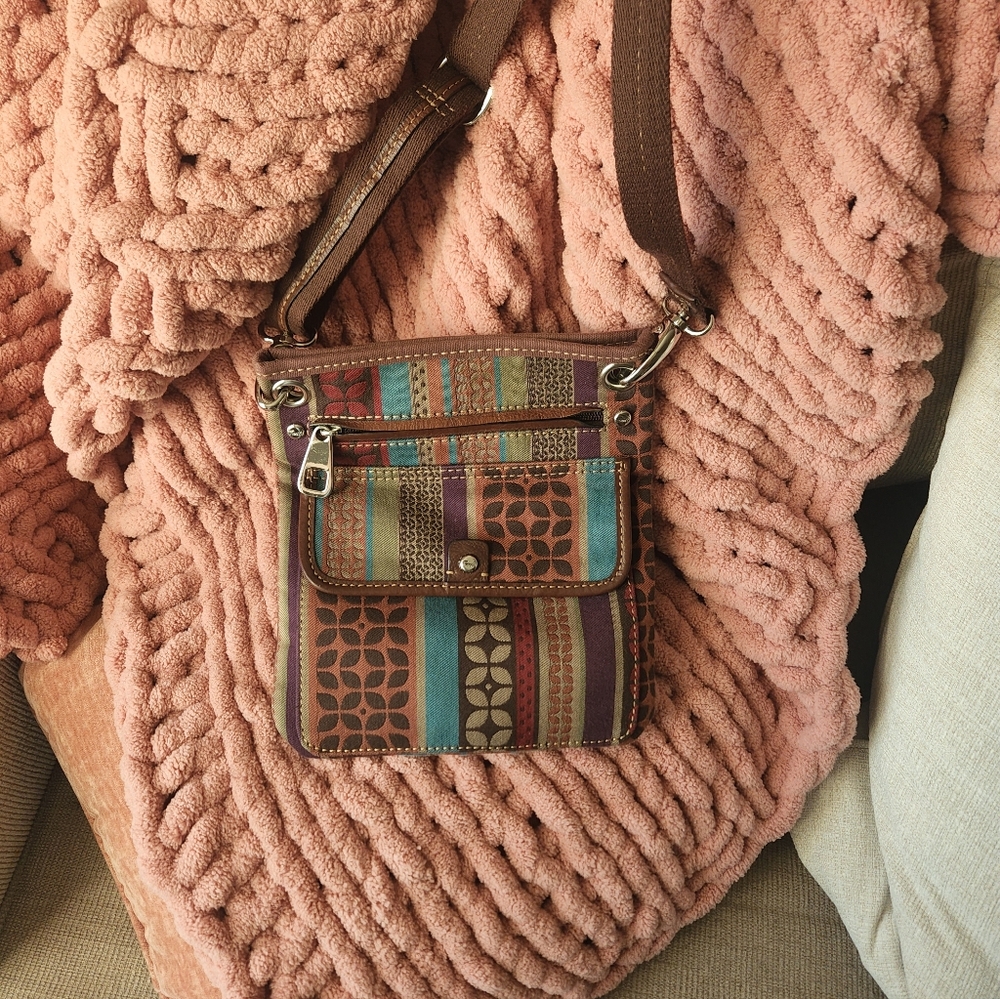 Fossil Brown and Teal Patterned Crossbody Bag